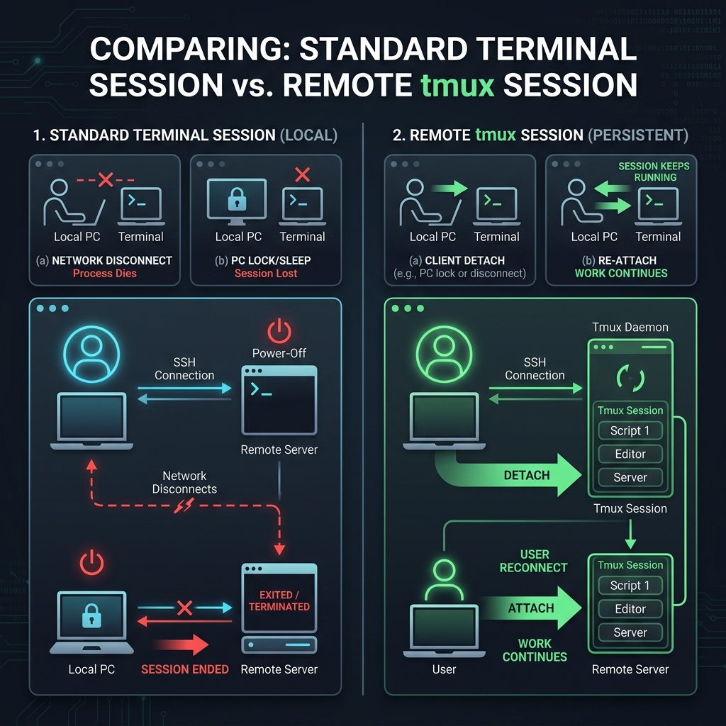 Manual vs Remote Tmux Session Comparison
